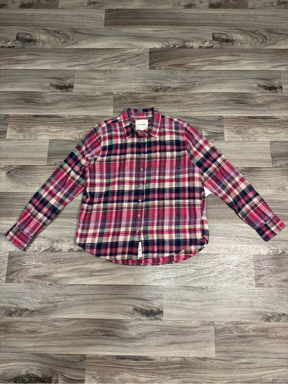 NWT Lucky Brand Clyde Plaid Boyfriend Button Down Shirt in Pink Multi Sz Small